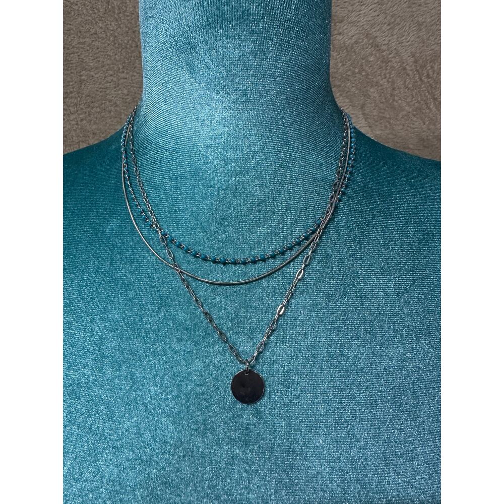 Universal Thread Layered Silver Tone Necklace Blue Beaded Coin Pendant
